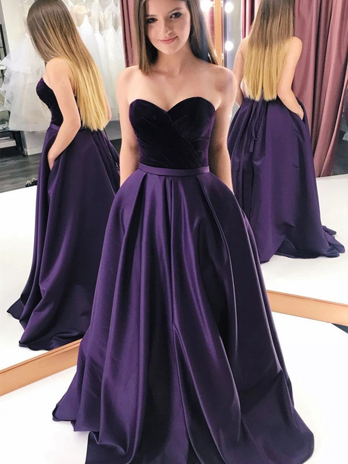 Robe longue de bal en satin dos nu à encolure cœur, coupe évasée, en velours, robe de soirée formelle pour remise de diplôme avec poches