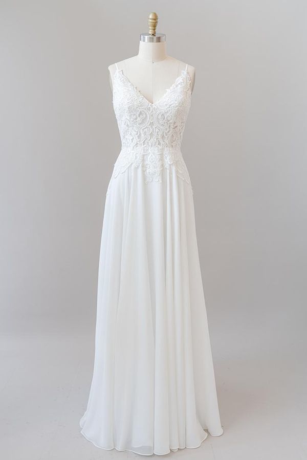 Robe de mariée longue en chiffon, ligne A, décolleté cœur, bretelles fines, ornée d'appliques