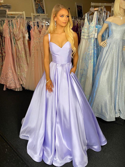 Long A-line Sweetheart Spaghetti Straps Satin Formal Prom Dresses with Pockets