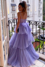Abito lungo a linea ad A con scollo a cuore, spalline sottili, strati di tulle e schiena scoperta, abito formale da ballo di fine anno