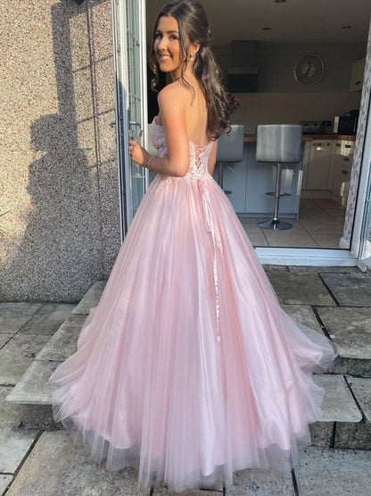 Langes A-Linien-Abendkleid mit Herzausschnitt und Tüllspitze, Rosa, Spitze, formelle Abendkleider