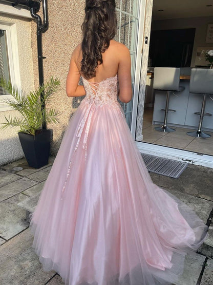 Langes A-Linien-Abendkleid mit Herzausschnitt und Tüllspitze, Rosa, Spitze, formelle Abendkleider