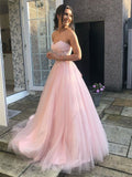 Robe de bal longue en tulle à jupe évasée et décolleté cœur, dentelle rose, robe de soirée formelle