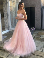Robe de bal longue en tulle à jupe évasée et décolleté cœur, dentelle rose, robe de soirée formelle