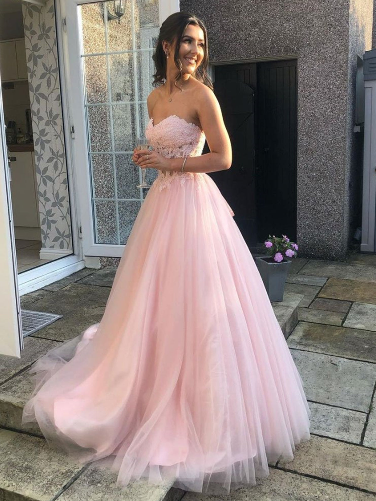 Langes A-Linien-Abendkleid mit Herzausschnitt und Tüllspitze, Rosa, Spitze, formelle Abendkleider