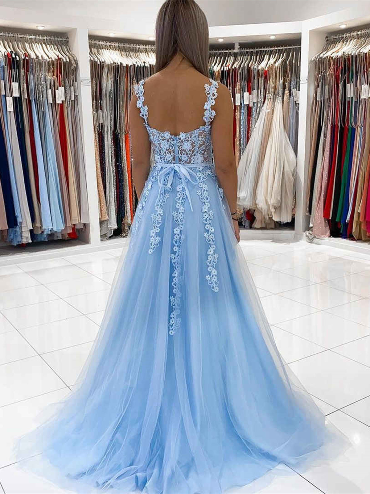 Vestido longo de baile de finalistas azul céu, com corpete em forma de coração, tule e renda, com flores 3D, para cerimónias formais e festas de finalistas