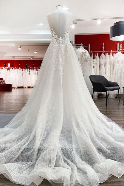 Langes A-Linien-Brautkleid aus Tüll mit Herzausschnitt und offenem Rücken