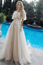 Long A-line Tulle Appliques Lace Off-the-shoulder Wedding Dress