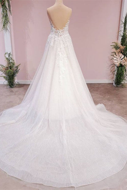Langes A-Linien-Brautkleid mit rückenfreiem Tüll und Applikationen