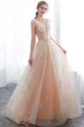 Abiti da sera lunghi a linea ad A in tulle senza schienale color champagne