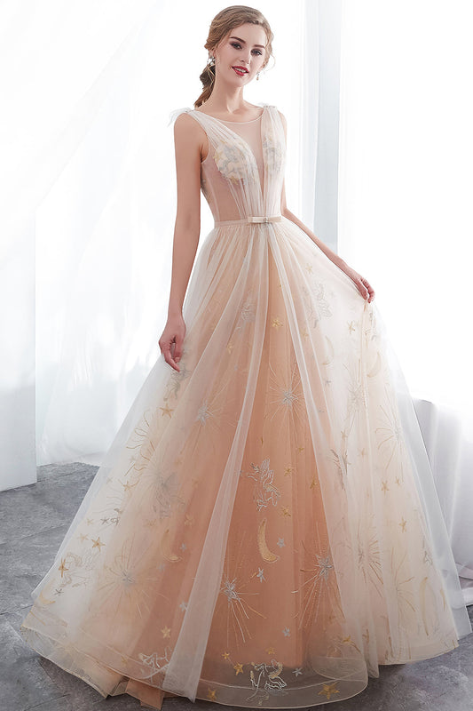 Long A-line Tulle Backless Champangne Evening Dresses