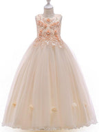 Long A Line Tulle Jewel Neck Pageant Flower Girl Dress With Bow