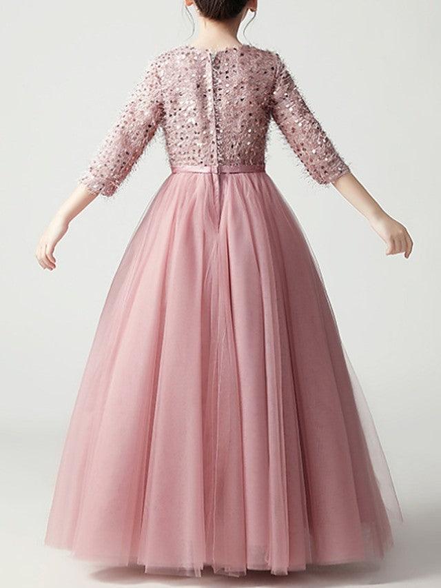 Long A Line Tulle Jewel Neck Pageant Flower Girl Dress With Sleeves