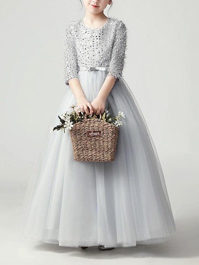 Long A Line Tulle Jewel Neck Pageant Flower Girl Dress With Sleeves