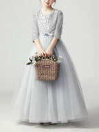 Long A Line Tulle Jewel Neck Pageant Flower Girl Dress With Sleeves