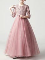 Long A Line Tulle Jewel Neck Pageant Flower Girl Dress With Sleeves