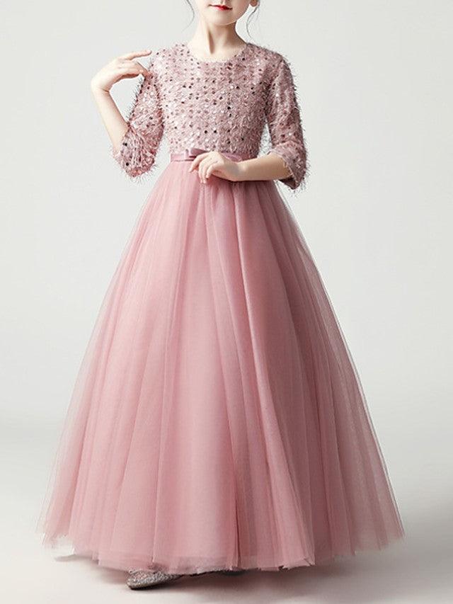 Long A Line Tulle Jewel Neck Pageant Flower Girl Dress With Sleeves