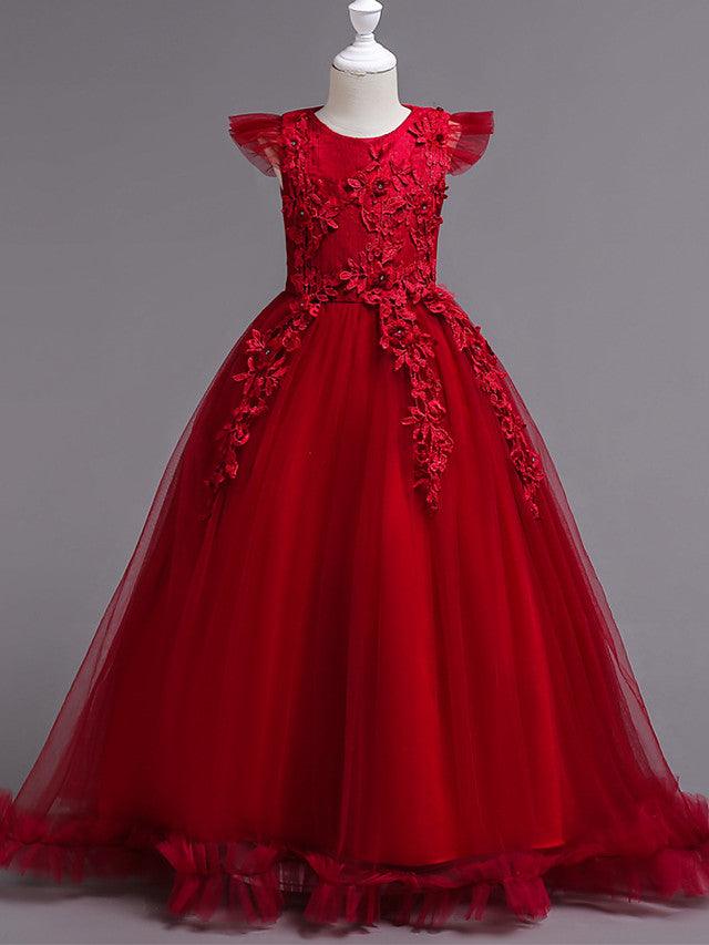 Long A Line Tulle Jewel Neck Short Sleeve Flower Girl Party Dress