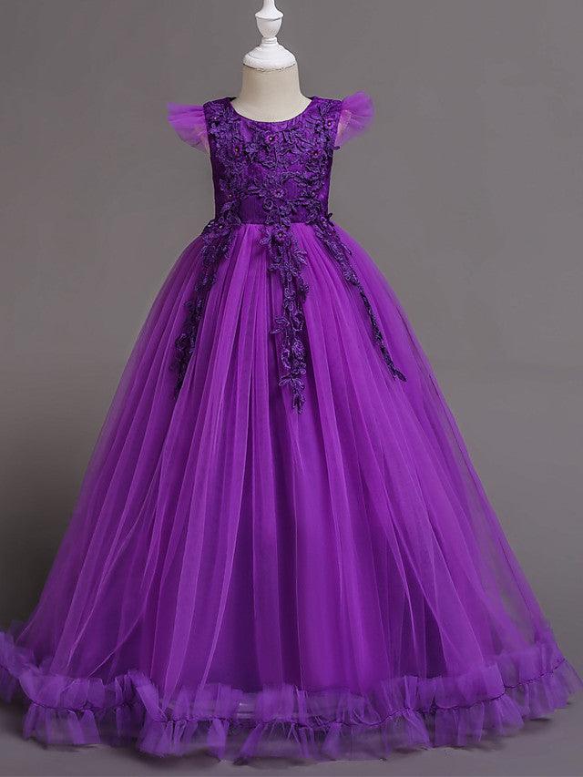 Long A Line Tulle Jewel Neck Short Sleeve Flower Girl Party Dress