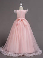 Long A Line Tulle Jewel Neck Short Sleeve Flower Girl Party Dress