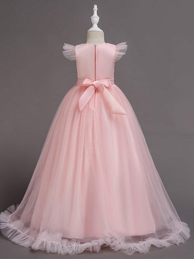 Long A Line Tulle Jewel Neck Short Sleeve Flower Girl Party Dress