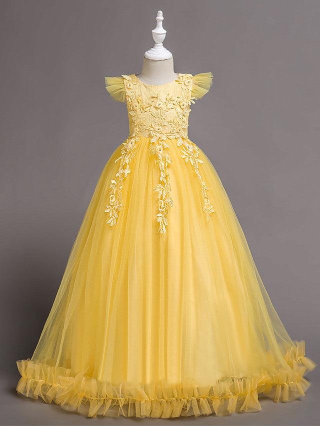 Long A Line Tulle Jewel Neck Short Sleeve Flower Girl Party Dress - photo 3