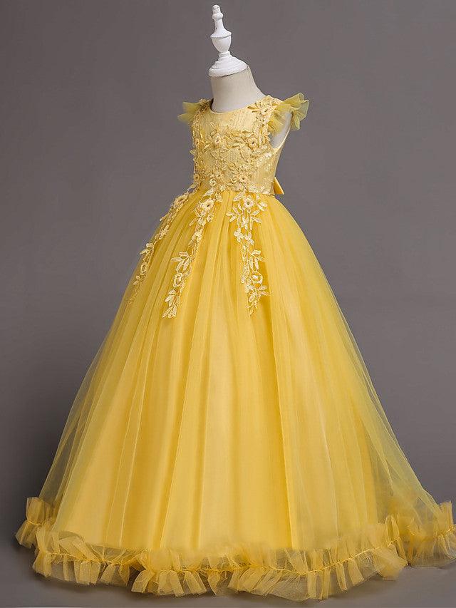 Long A Line Tulle Jewel Neck Short Sleeve Flower Girl Party Dress