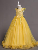 Long A Line Tulle Jewel Neck Short Sleeve Flower Girl Party Dress