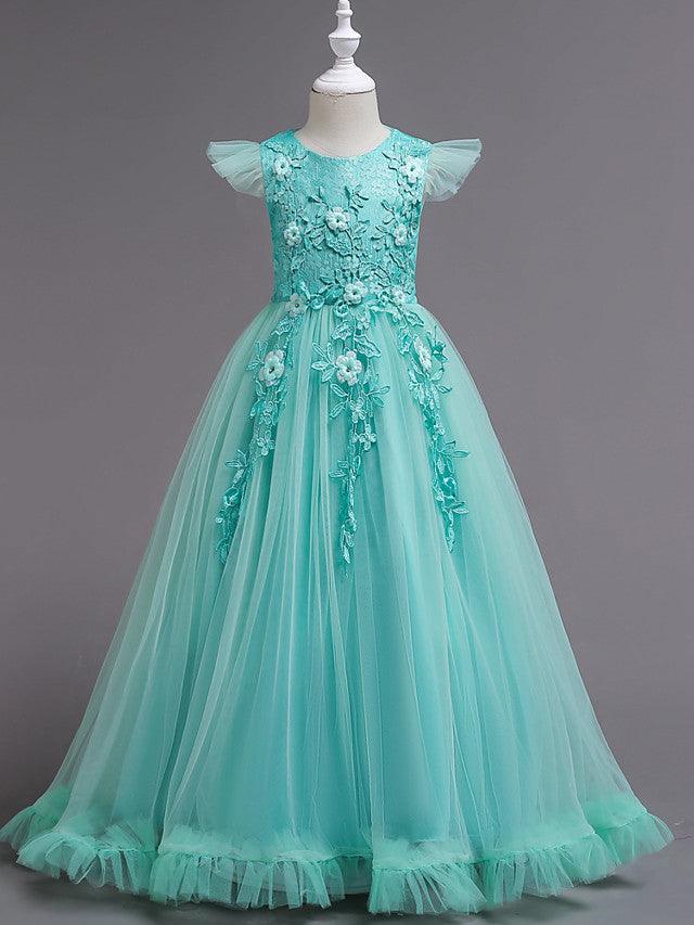 Long A Line Tulle Jewel Neck Short Sleeve Flower Girl Party Dress