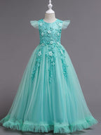 Long A Line Tulle Jewel Neck Short Sleeve Flower Girl Party Dress