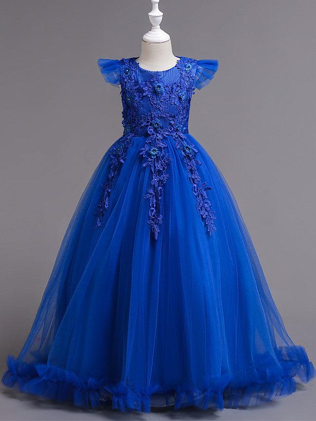 Long A Line Tulle Jewel Neck Short Sleeve Flower Girl Party Dress - photo 6
