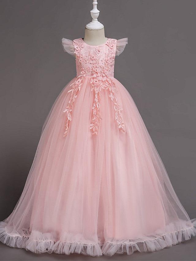 Long A Line Tulle Jewel Neck Short Sleeve Flower Girl Party Dress