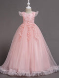 Long A Line Tulle Jewel Neck Short Sleeve Flower Girl Party Dress