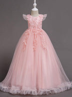 Long A Line Tulle Jewel Neck Short Sleeve Flower Girl Party Dress