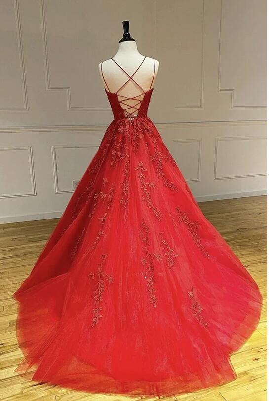 Long A-line Tulle Lace Backless Lace-up Prom Dress
