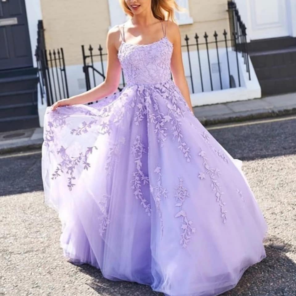 Long A-line Tulle Lace Backless Lace-up Prom Dress