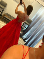 Abiti da sera lunghi rossi a linea ad A in tulle con pizzo e schiena scoperta per ballo di fine anno