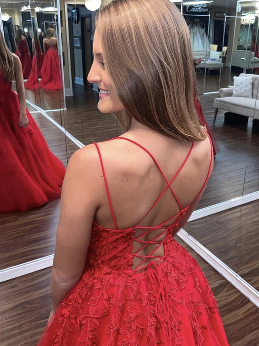 Vestido formal comprido em tule com renda, corte evasê, costas abertas, para formatura e baile de finalistas