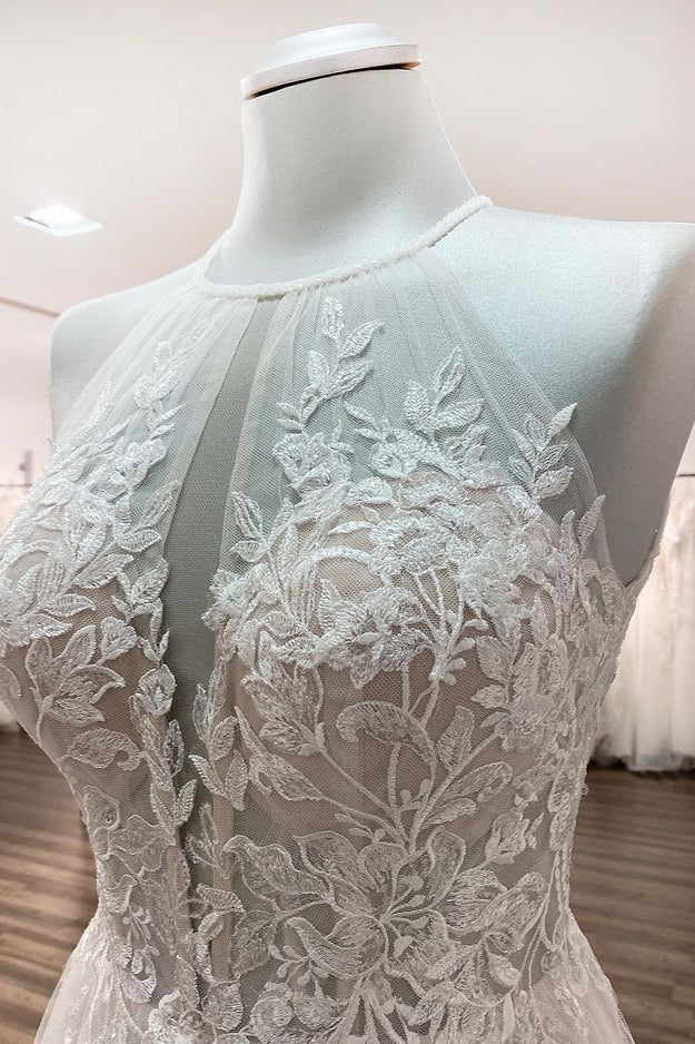 Langes A-Linien-Brautkleid aus Tüll mit offenem Rücken und Neckholder