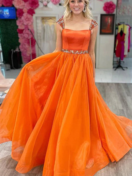 Long A-line Tulle Prom Dress with Cap Sleeves Orange Formal Graduation Evening Dresses