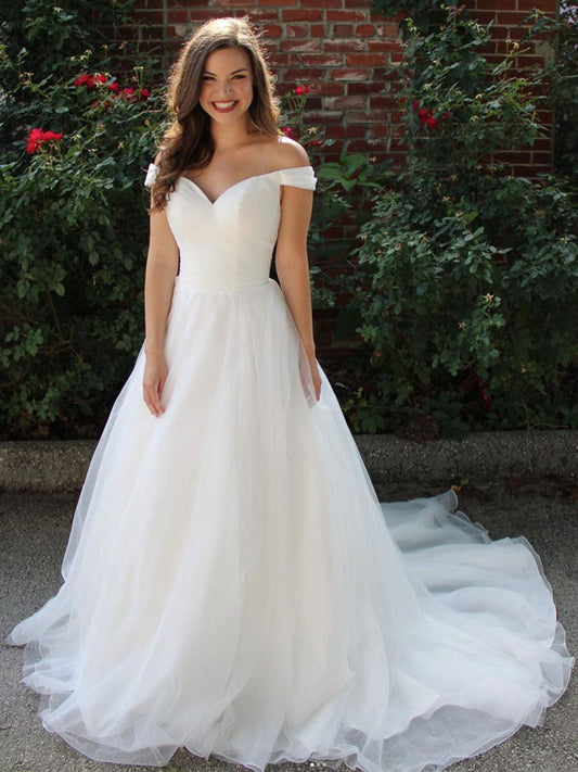 Long A-line Tulle White Prom Dress Off the Shoulder Formal Graduation Evening Dresses