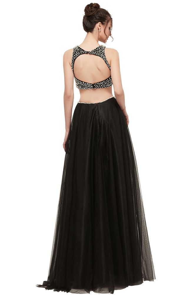 Abito da sera lungo a linea ad A in due pezzi con corpino senza maniche in tulle e perle