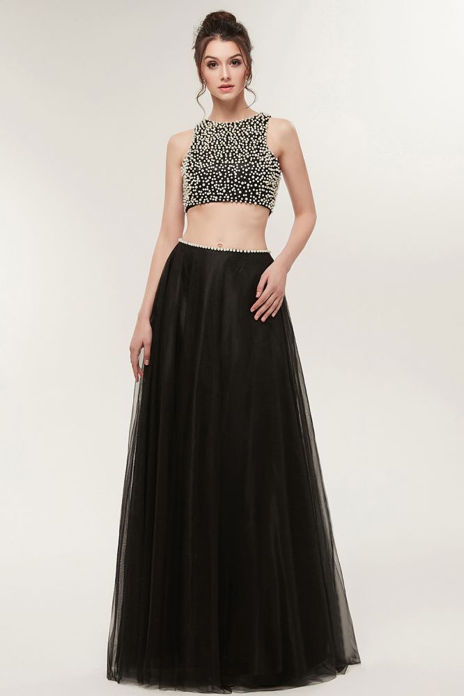 Abito da sera lungo a linea ad A in due pezzi con corpino senza maniche in tulle e perle