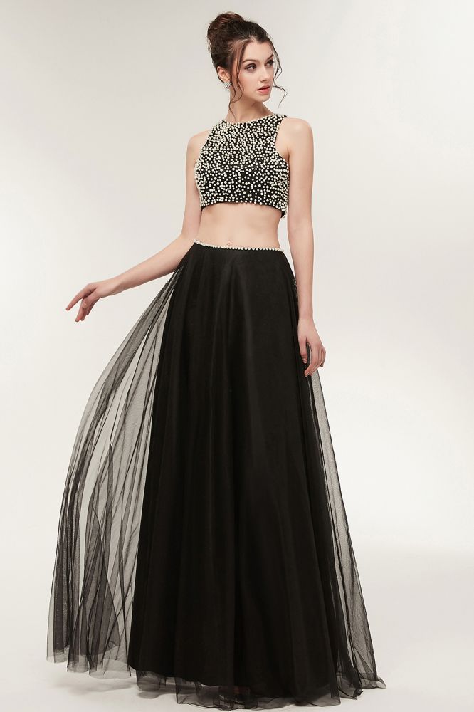 Vestidos de baile compridos em tule, dois peças, linha A, sem mangas, com pérolas