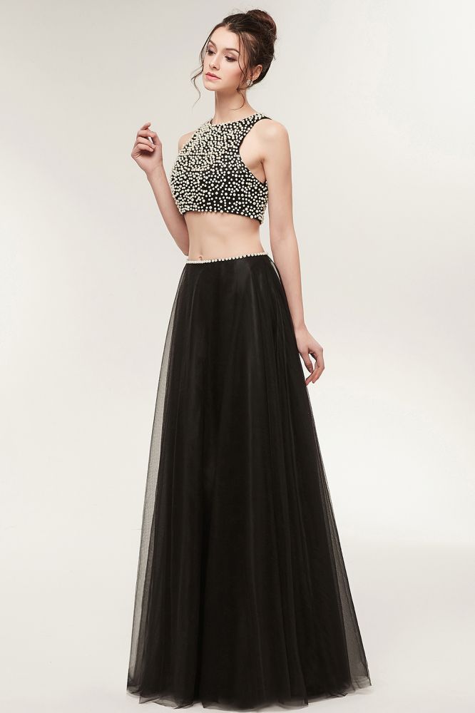 Abito da sera lungo a linea ad A in due pezzi con corpino senza maniche in tulle e perle