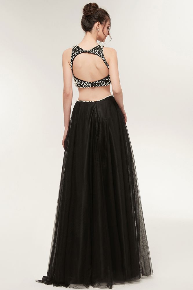 Vestidos de baile compridos em tule, dois peças, linha A, sem mangas, com pérolas