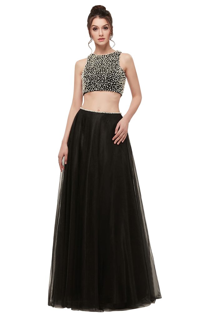 Abito da sera lungo a linea ad A in due pezzi con corpino senza maniche in tulle e perle