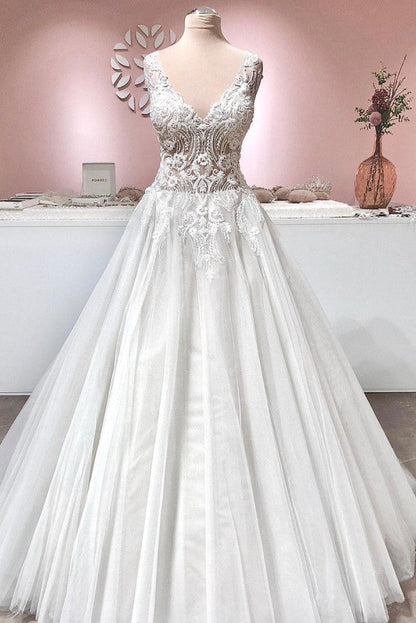 Langes A-Linien-Brautkleid mit V-Ausschnitt, Applikationen, Spitze, rückenfrei, Tüll und Rüschen