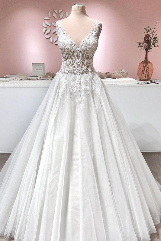 Langes A-Linien-Brautkleid mit V-Ausschnitt, Applikationen, Spitze, rückenfrei, Tüll und Rüschen