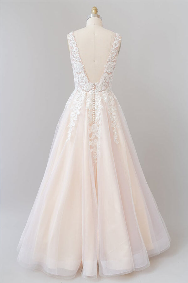 Robe de mariée longue en ligne A, col en V, appliques en dentelle, tulle, dos nu
